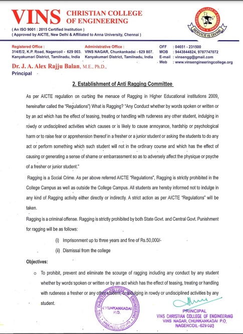 VINSCCE Anti-Ragging Notification